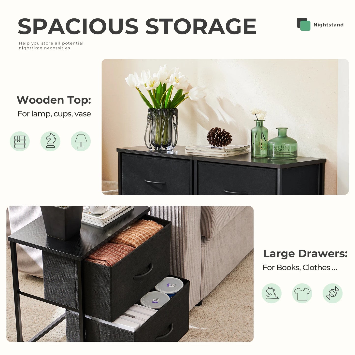 JHK Moderner Beistelltisch mit 2 Stoffschubladen – für Schlafzimmer & Wohnzimmer