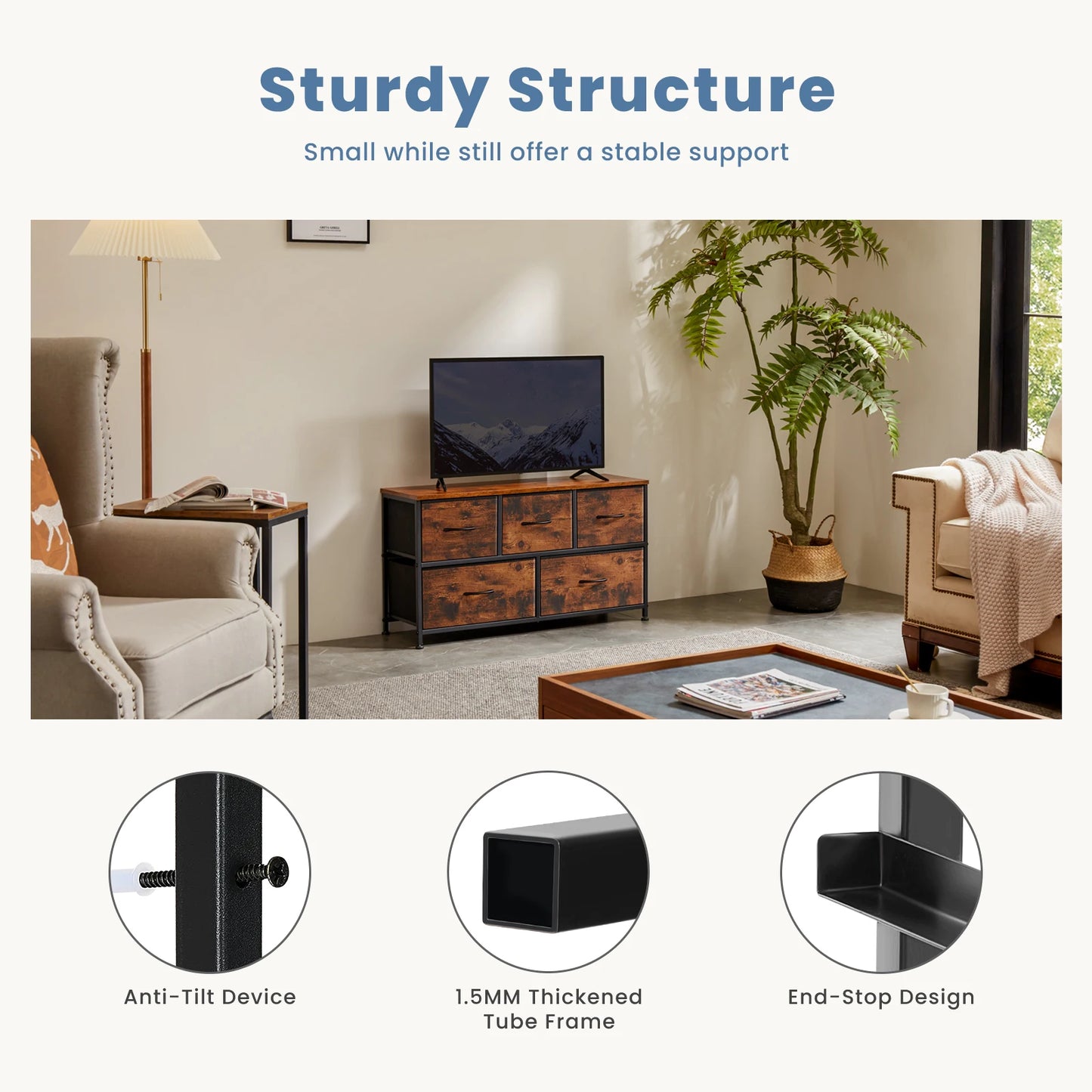 JHK Minimalistische Kommode mit 5 Schubladen – Moderner Aufbewahrungsschrank