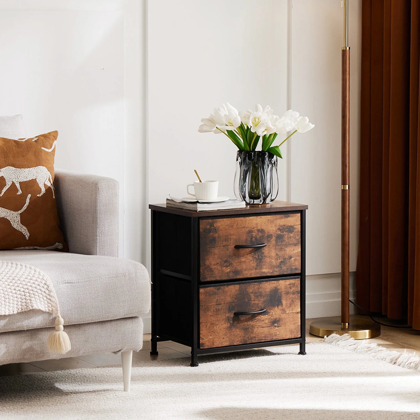 JHK Moderner Beistelltisch mit 2 Stoffschubladen – für Schlafzimmer & Wohnzimmer