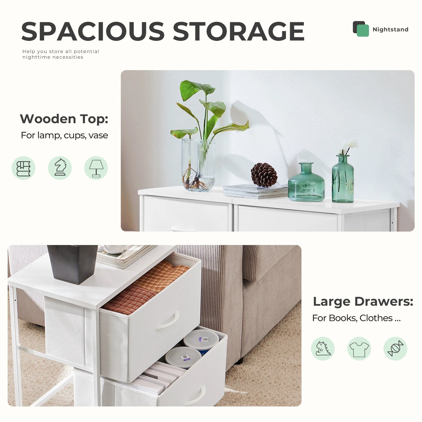 JHK Moderner Beistelltisch mit 2 Stoffschubladen – für Schlafzimmer & Wohnzimmer