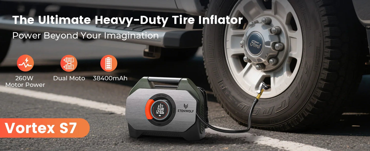 ETENWOLF Vortex S7 – Tragbarer Reifenkompressor 38 400 mAh, Hochleistungs-Luftpumpe für Auto, SUV & Offroad