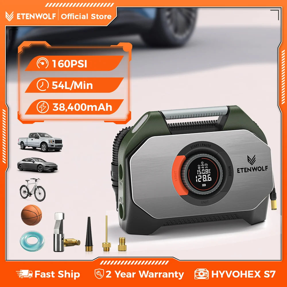 ETENWOLF Vortex S7 – Tragbarer Reifenkompressor 38 400 mAh, Hochleistungs-Luftpumpe für Auto, SUV & Offroad
