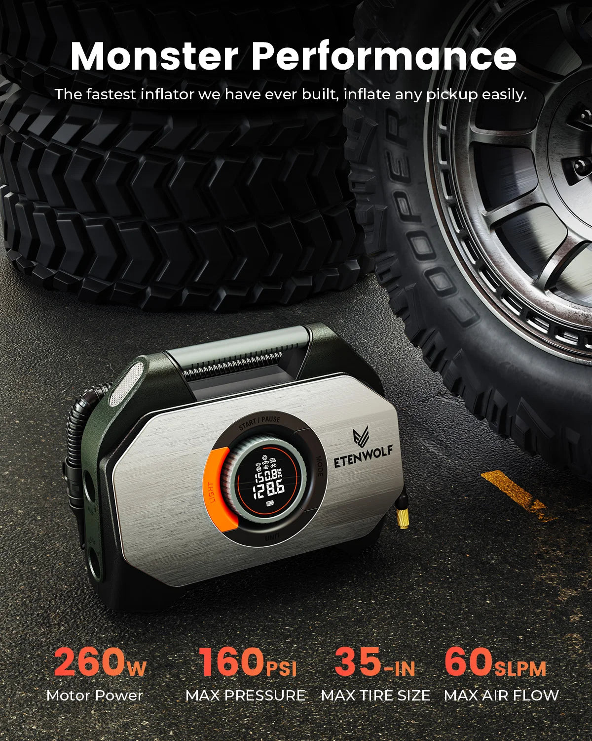 ETENWOLF Vortex S7 – Tragbarer Reifenkompressor 38 400 mAh, Hochleistungs-Luftpumpe für Auto, SUV & Offroad