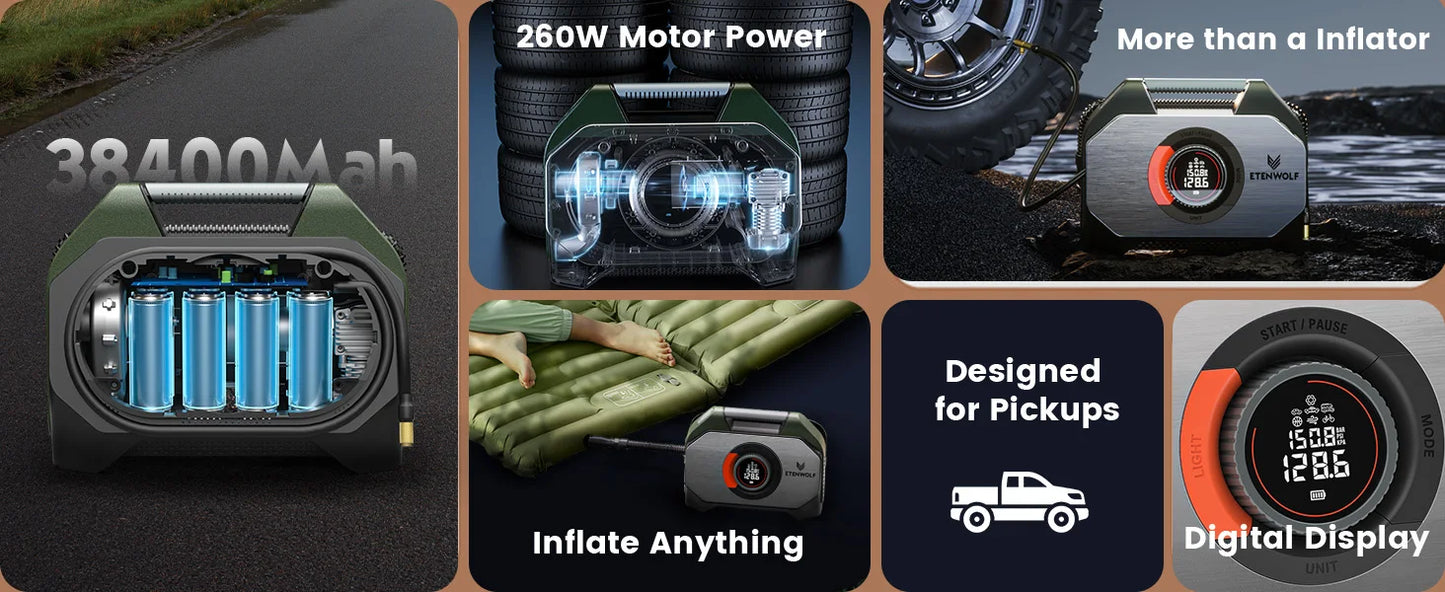 ETENWOLF Vortex S7 – Tragbarer Reifenkompressor 38 400 mAh, Hochleistungs-Luftpumpe für Auto, SUV & Offroad
