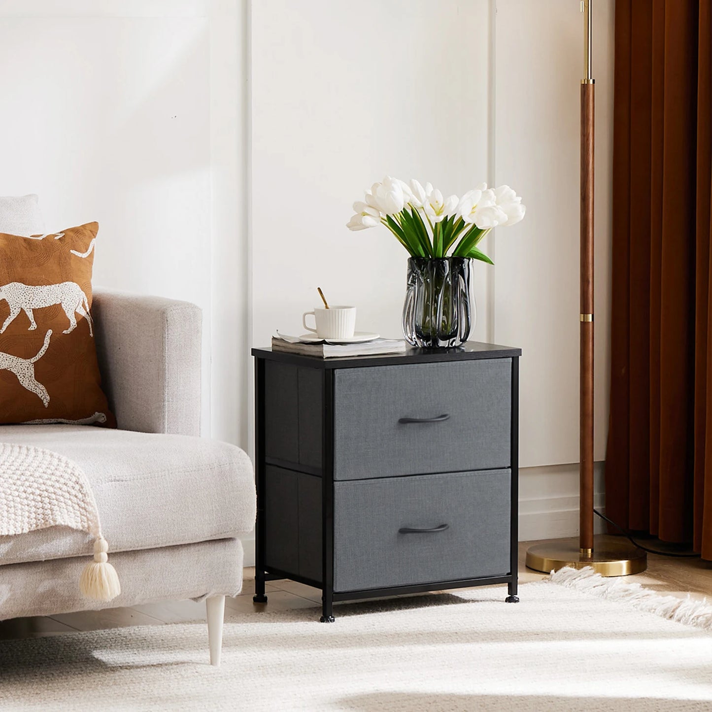 JHK Moderner Beistelltisch mit 2 Stoffschubladen – für Schlafzimmer & Wohnzimmer