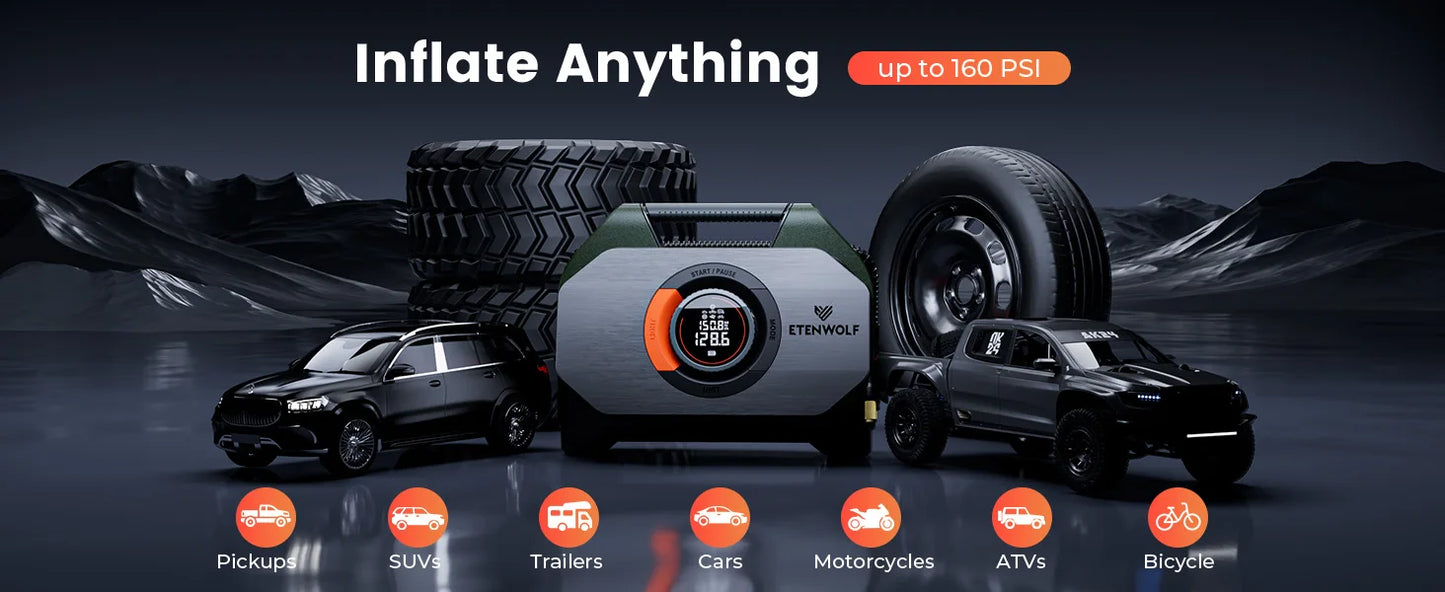 ETENWOLF Vortex S7 – Tragbarer Reifenkompressor 38 400 mAh, Hochleistungs-Luftpumpe für Auto, SUV & Offroad